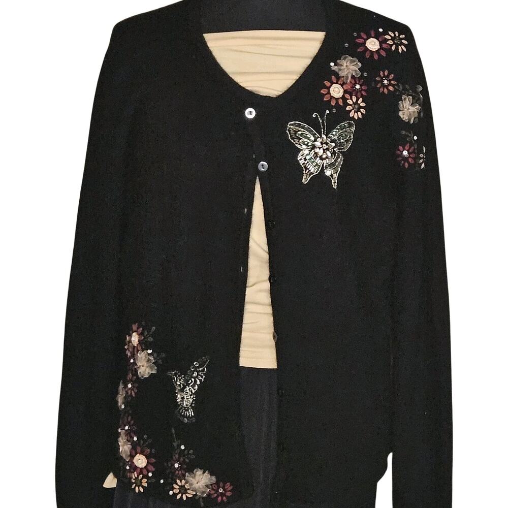 Whimsigoth Embellished Black Angora Cardigan L Butterflies Y2K NOS Fairy Grunge